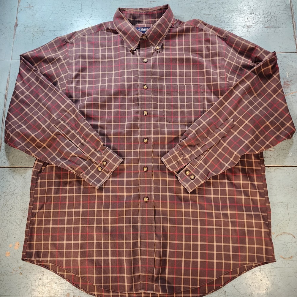 Brooks Brothers Men's Brown Red Plaid Button Down‎ Long Sleeve Non-Iron Shirt XL